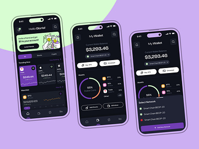 Crypto Mobile App animation app branding crypto design listing mobile purple ui ux