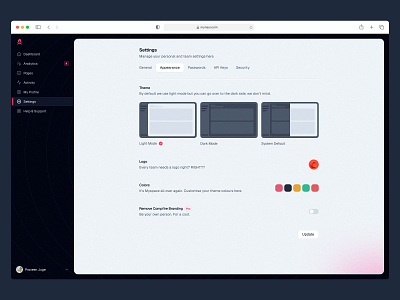 Settings are easy to design but hard to get right button colors dashboard minimal saas settings sidebar sidenav tabs theme ui web design