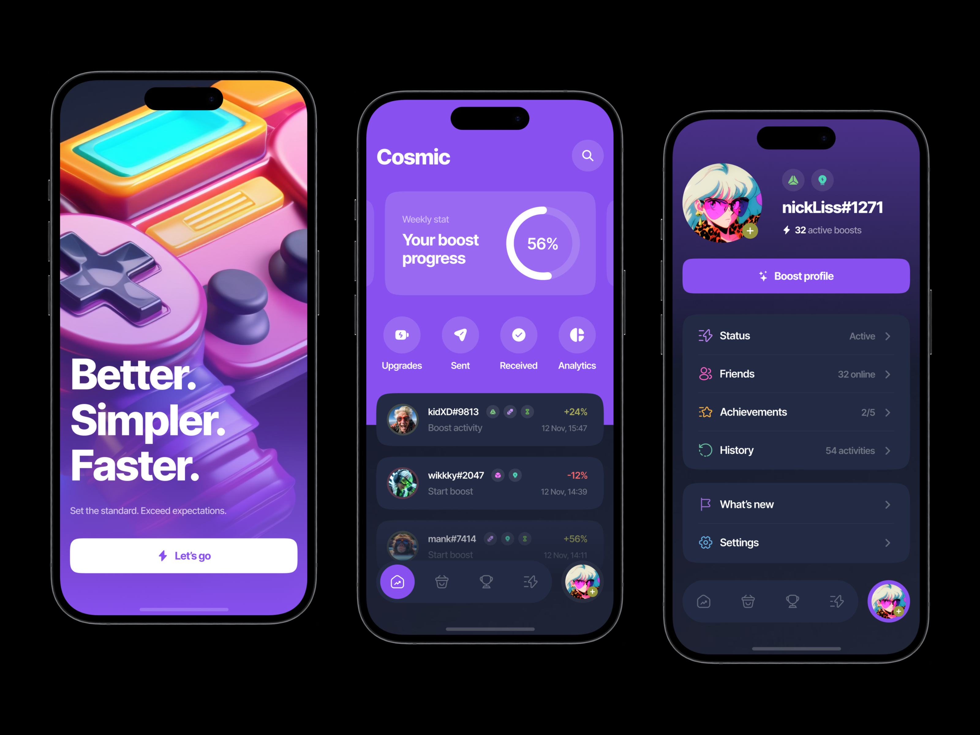 Cosmic — Profile Boosting Mobile App analytics app design app ui banking boosts dark ui design first screen game gaming mobile mobile app play profile social network stats ui ui ux ux web design