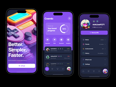 Cosmic — Profile Boosting Mobile App analytics app design app ui banking boosts dark ui design first screen game gaming mobile mobile app play profile social network stats ui ui ux ux web design