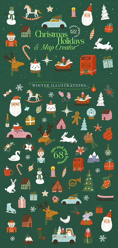 Christmas Holidays & Map Creator christmas card christmas collection christmas postcards christmas stickers city map happy new year holiday map creator round stickers santa claus scandi christmas vector winter animals winter holidays