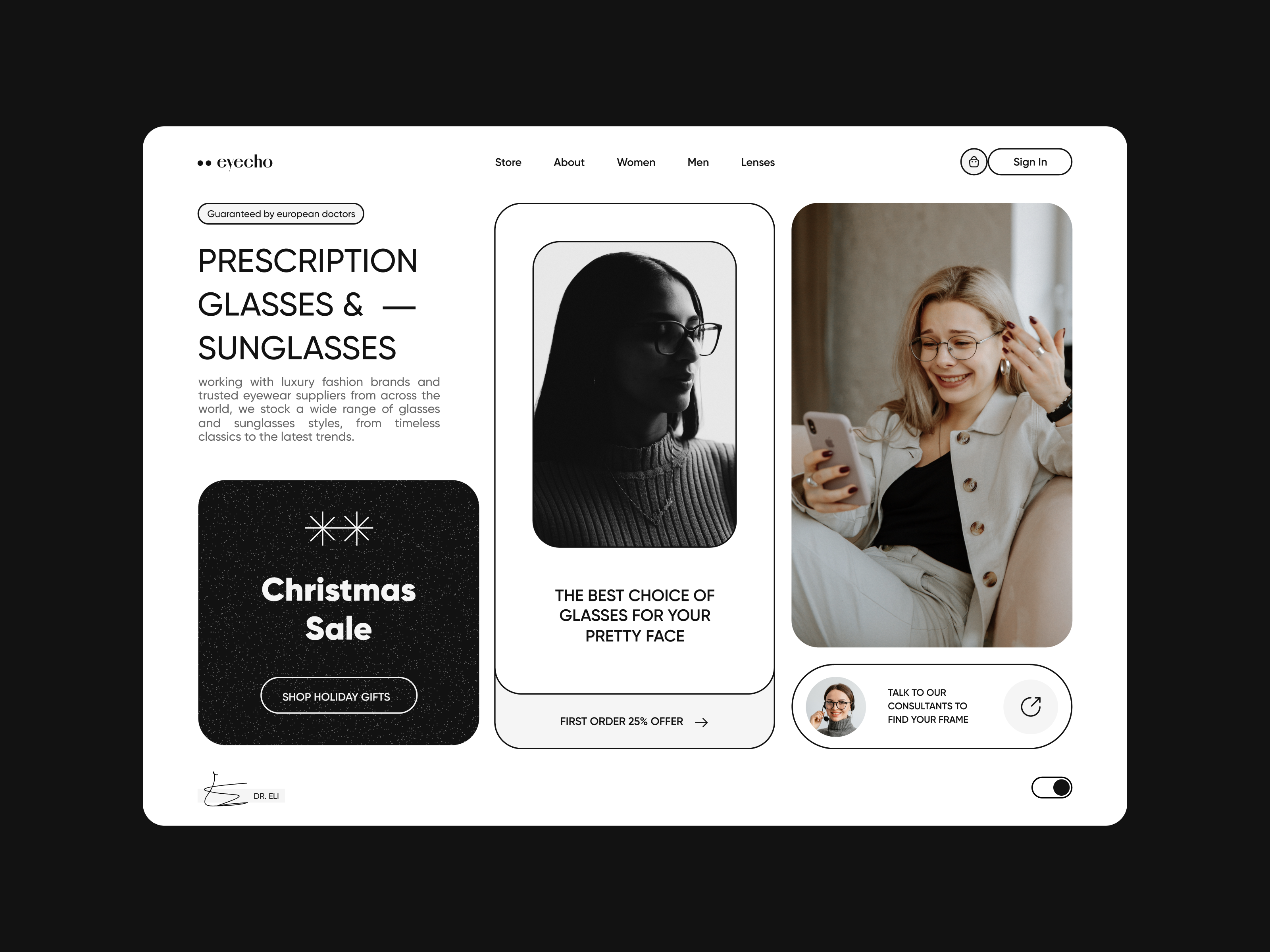 Eyecho Landing boxes charismas doctor echo echo design echodesign eye eyewear femail gairl glasses grid grid design layout light shop store sunglass unique xmas