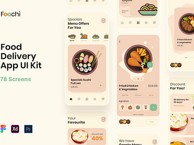 Foochi - Food Delivery App UI Kit android app branding design food graphic design interface ios iphone logo minimal mobile mobile app ui ui kit ux web web development webdesign website