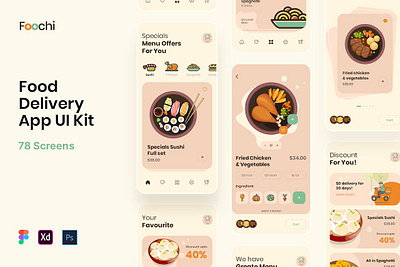 Foochi - Food Delivery App UI Kit android app branding design food graphic design interface ios iphone logo minimal mobile mobile app ui ui kit ux web web development webdesign website