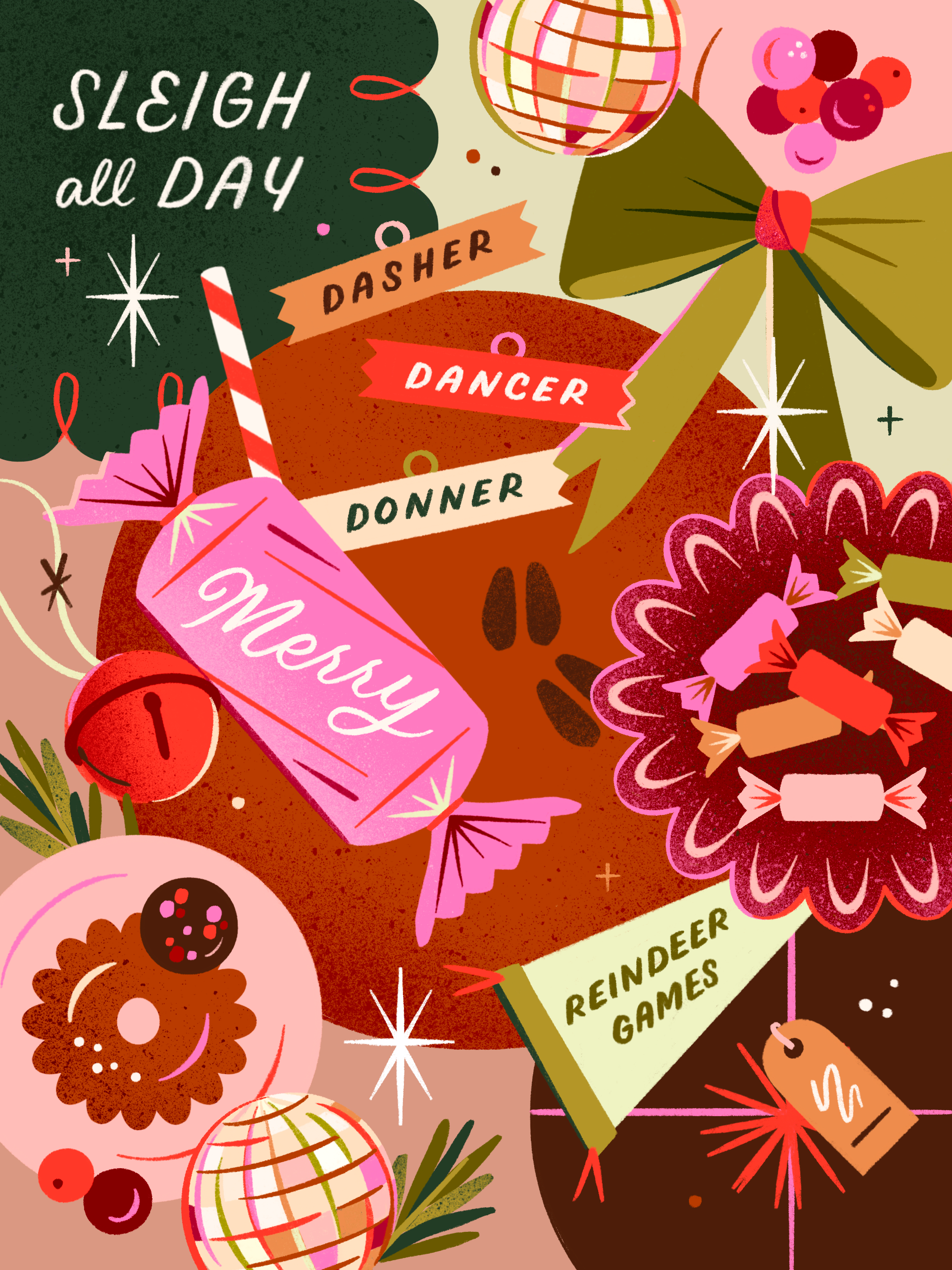 Reindeer Disco 2d illustration christmas christmas party colorful disco festive hand lettering holiday holiday puzzle illustration lettering party decor reindeer tablescape