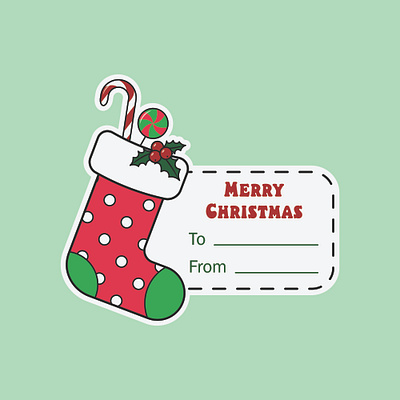 Christmas sticker card with a red sock and candies green white