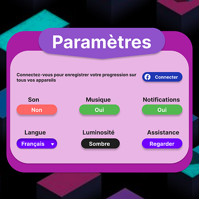 Paramètres jeux pc application conception graphique design illustration ui ux