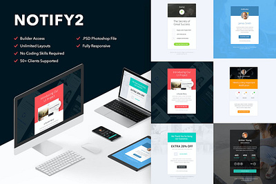 Notify2 - 6 Emails + Themebuilder Access app campaign email home page home screen homepage interface landing page landingpage mobile page site ui uidesign uiux ux web web page webdesign website