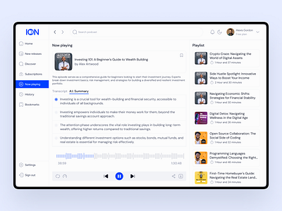ION Podcast App: Now playing screen A.I. Summary Integration a.i. summary app audiobook ion mobile app now playing podcast saas startup uiux webapp