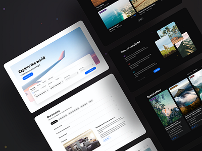 Sections for the airplane website airplane cards dark and light dark light search section ui design