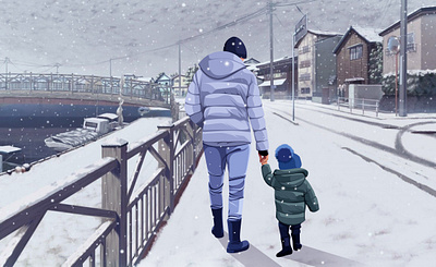 Father and Son walking in the snow digitalart illustration vectorart