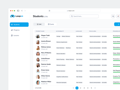 Students table. LeapXR - Educational platform for kids. VR/AR clean education learning list minimal platform pupils students studying table teachers teaching ui user friendly ux vr web app web design xr