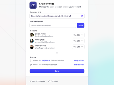 Share SaaS Modal pt.2 app clean controls design dropdown interface manage minimal overlay permissions popup product saas share sidebar ui ui design ux ux design web