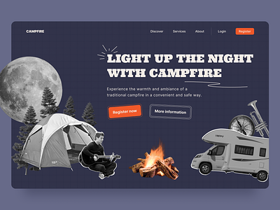 Campfire - Landing Page Website Concept ⛺ camp campfire daily ui daily ui challenge dailyui dailyuichallenge darkmode desktop landing page memories ui uidesign userinterface ux web webdesign