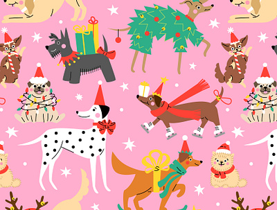 Christmas dogs pattern cartoon character christmas cute design dog festive flat geometric gift illustration pattern puppy winter xmas