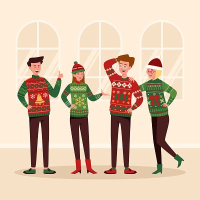 Ugly Sweater Party Flat Design Illustration christmas flat design friends graphic design holiday illustration party sweater ugly sweater vector wallpaper xmas