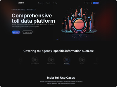 Toll data platform UI Landing Page design animation dark theme design ui