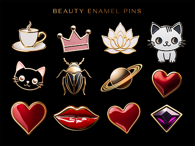 Beauty enamel pins icons set beauty bundle cosmetics enamel fashion feminine heart icons illustration kitten lips makeup metallic pin set social media