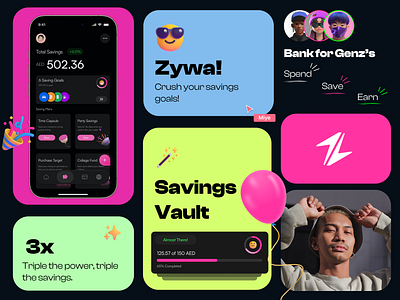 Savings Vault Bento Grid - Zywa Banking banking bento branding cool finance fintech genz graphic design money retro savings ui uiux ux vibes youth