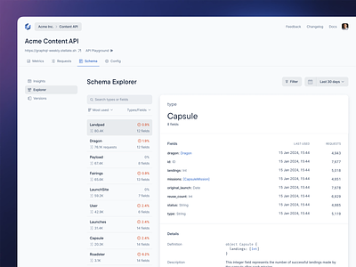 Schema Explorer - Type Details View analytics blue card detail view dev tool dev tooling figma graphql list minimal product design saas search table ui web