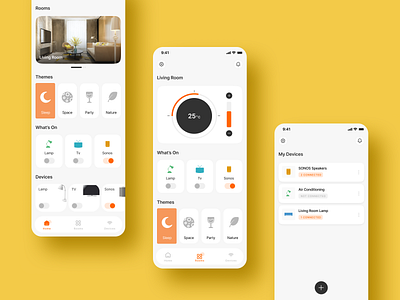 Smart Home App branding cards cards list devices graphic design home page list of devices minimal design mood notification room themes rooms settings smart app smart home app themes toggle ui ux whaton