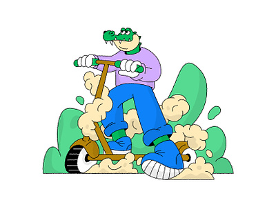 🛴🐊💨 alligator animal branding car character crocodile design dust editorial forest illustration nature scooter vehicle