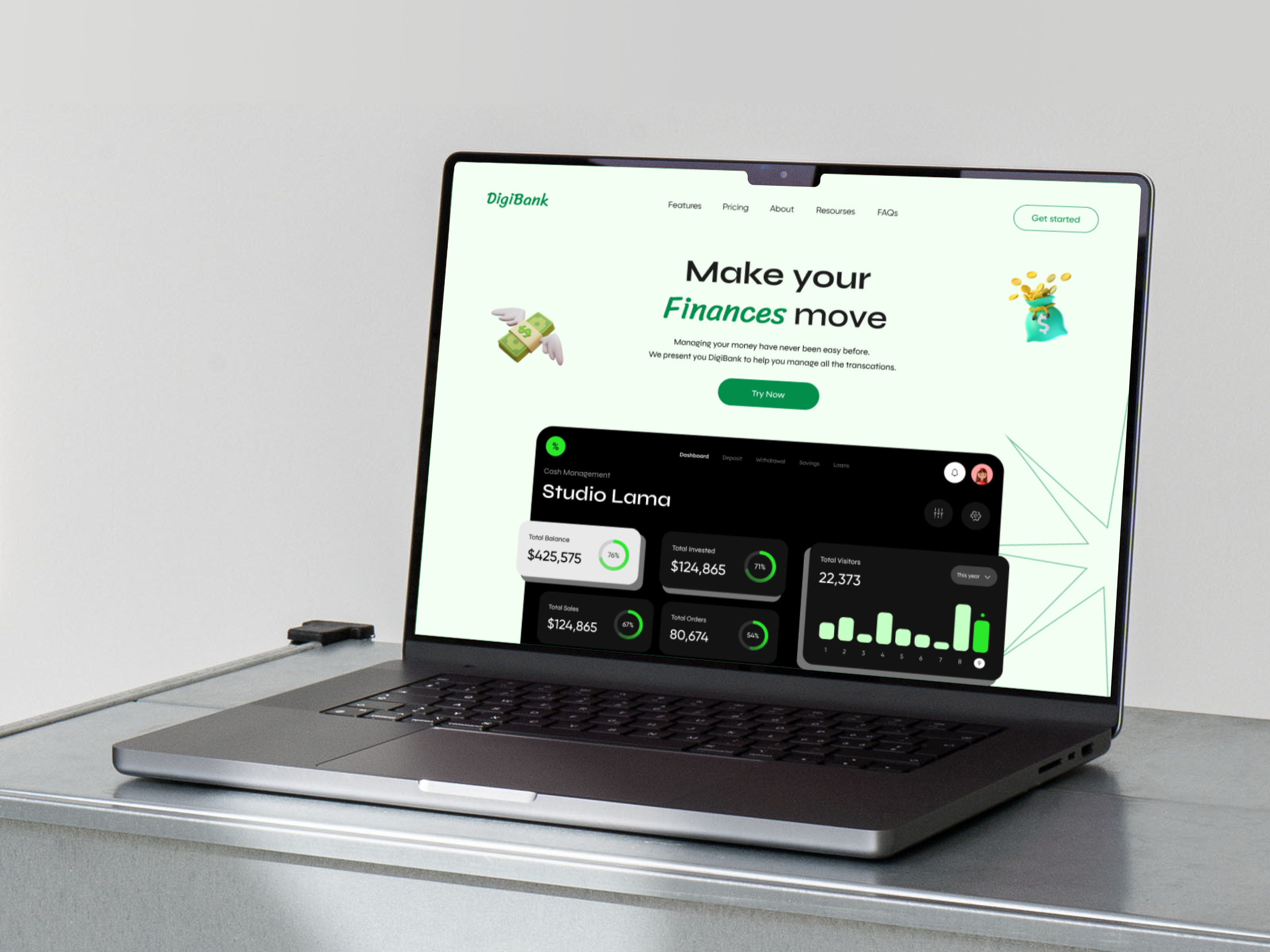 DigiBank aesthetic app branding chart dashboard design design studio figma finance fintech graph green illustration logo money saas studiolama ui user experience website