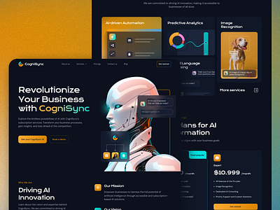 CogniSync - AI Services Concept Landing Page - Homepage 1 3d ai artificial intelligence contact dark mode flat design futuristic gradient hero banner introduction landing page light green neon robot robotic ui ui design user interface ux design