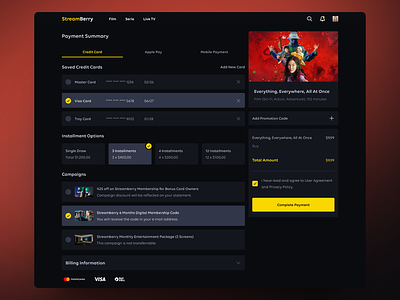 Streamberry - Content Streaming Platform - Payment Methods Page appletv buy campaign cart checkbox checkout content streaming platform dark mode disney figma hbomax hulu netflix payment primevideo radio button streaming ui ui design user interface design