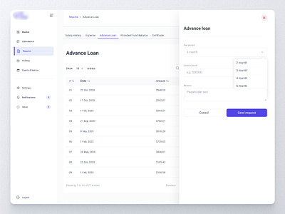 HRM Advance Loan request advance loan b2b product business ux clean ui complex ux dashboard drawer filter hrm payroll product design saas simple ux ux design web web application