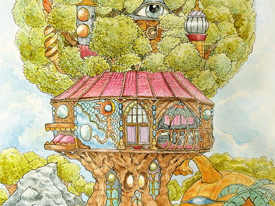 "Palace dans les arbres" architecture art children illustration color pencil comics design draw dream fantasy graphic design handmade house illustration nft water ink