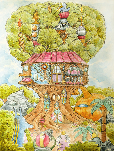 "Palace dans les arbres" architecture art children illustration color pencil comics design draw dream fantasy graphic design handmade house illustration nft water ink
