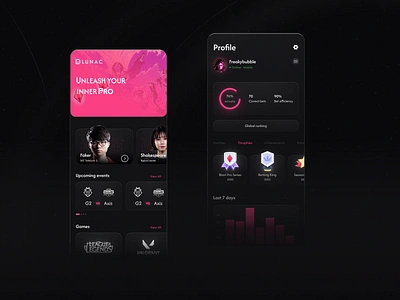 LunaC - Fantasy e-sport app app design app ui betting egaming esports esports platform fantasy fantasy gaming gamer games gaming league of legends minimal mobile app design modern sport ui ux valorant