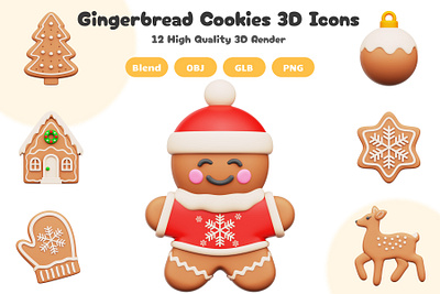 Gingerbread Cookies 3D Icons Set 3d 3d artwork 3d icon 3d illustration 3d render app blender blender 3d christmas cookies design element graphic design icon illustration ui ux