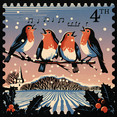 Four calling birds 12 days calling christmas design festive four calling birds music postage robins snow stamp stamps vintage