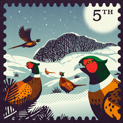 Five 'gold rings' christmas festive fifth day gold rings pheasants postage stamp stamps vintage xmas