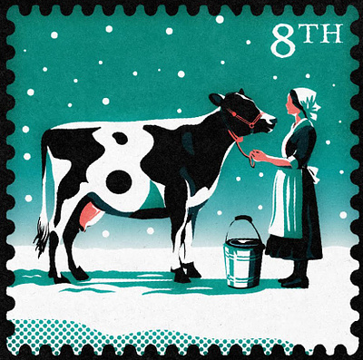 Eight maids a-milking 12daysofchristmas christmas december festive illustration maids milking postage stamp stamp stamps