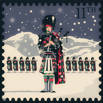 Eleven pipers piping bagpiper bagpipers christmas festive illustration pipers piping scotland vintage xmas