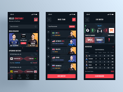 E-Sports Fantasy App app contests design esports fantasy fantasygaming gamingapp match mobile mobileapp player team typographydesign ui uiux userexperience ux
