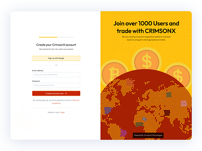 Crimson X - Account Creation clean create account crypto crytocurrency hero illustration landing page log in off ramp on ramp sign in sign up