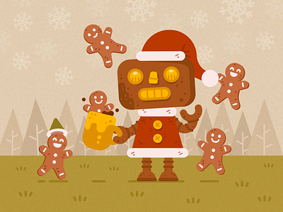 Gingerbread Assault android cartoon character christmas cookie creative cute digital flat funny gingerbread illustration jingle bells mascot robot rust santa claus snow vector xmas