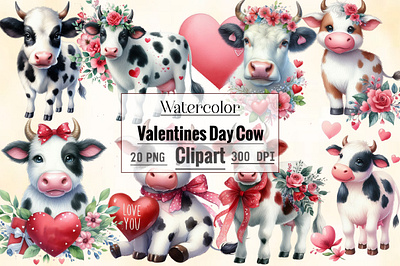 Watercolor valentines day Cow clipart valentines day card