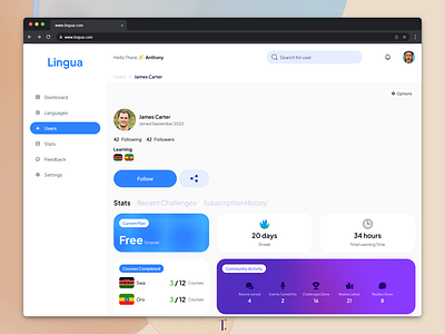 Concept User Profile for Lingua - Language Learning App clean design language learning lms presentation presentation design product product design profile saas shots ui ui design user ux ux design web web app web design