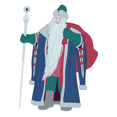 Дед Мороз с мешком за спиной и посохом. ancient folklore