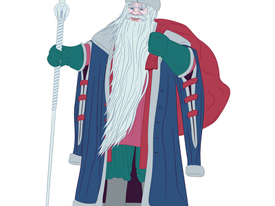 Дед Мороз с мешком за спиной и посохом. ancient folklore