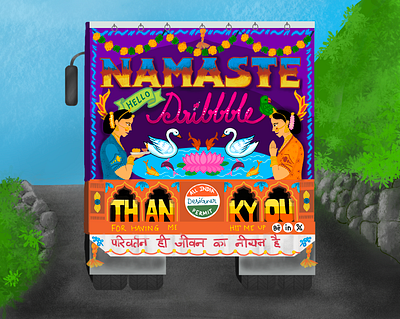 Hello Dribbble art colorful culture design freehand hand lettering hello dribbble illustration indian indian art indian truck indian truck art indian typography lettering namaste pop art procreate traditional truck truck art