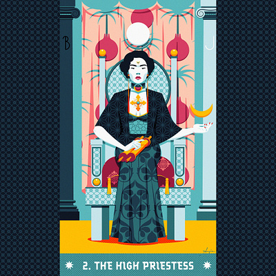 Tarot card #02: The High Priestess arcana major blue cards contrast crown daily art deck flat design geometry high priestess illustration orange patterns stylized tarot texture vector vector illustration woman yellow