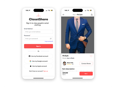 ClosetShare branding clothingapp color design mobile app mockup sign in typography ui ux wireframes