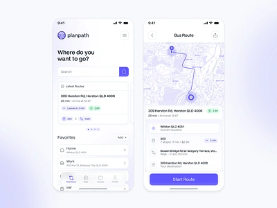 Planpath - Public Transportation App app bus bus app clean design map mobile mobileapp modern public transport tracking transport ui ux