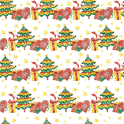 Christmas seamless pattern: Christmas tree with gifts christmas cards christmas clipart christmas gifts christmas pattern christmas seamless pattern christmas tree christmas watercolor gift paper graphic design illustration instant download labels design new year new year cards packaging design pattern seamless seamless pattern watercolor illustration wrapping paper